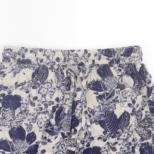 George Womens Blue Floral Linen A-Line Skirt Size 10 Drawstring