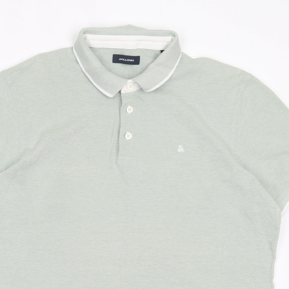 JACK & JONES Mens Green Cotton Polo Size 2XL Collared Button