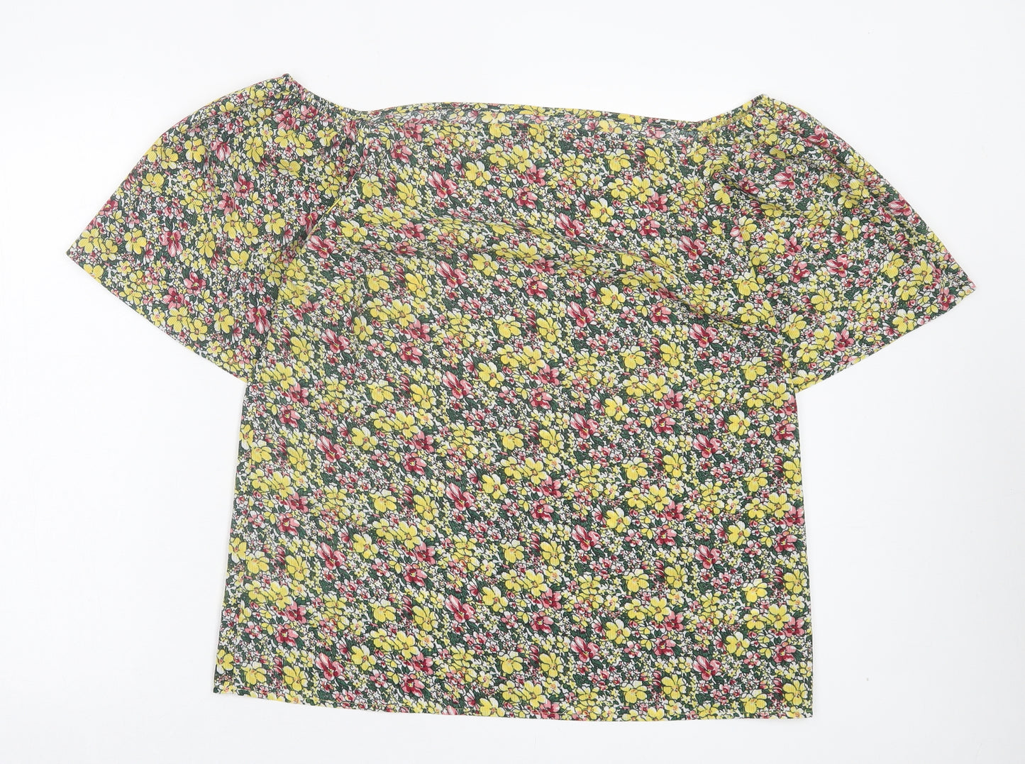 Fashion Union Womens Yellow Floral Polyester Basic T-Shirt Size 14 Off the Shoulder
