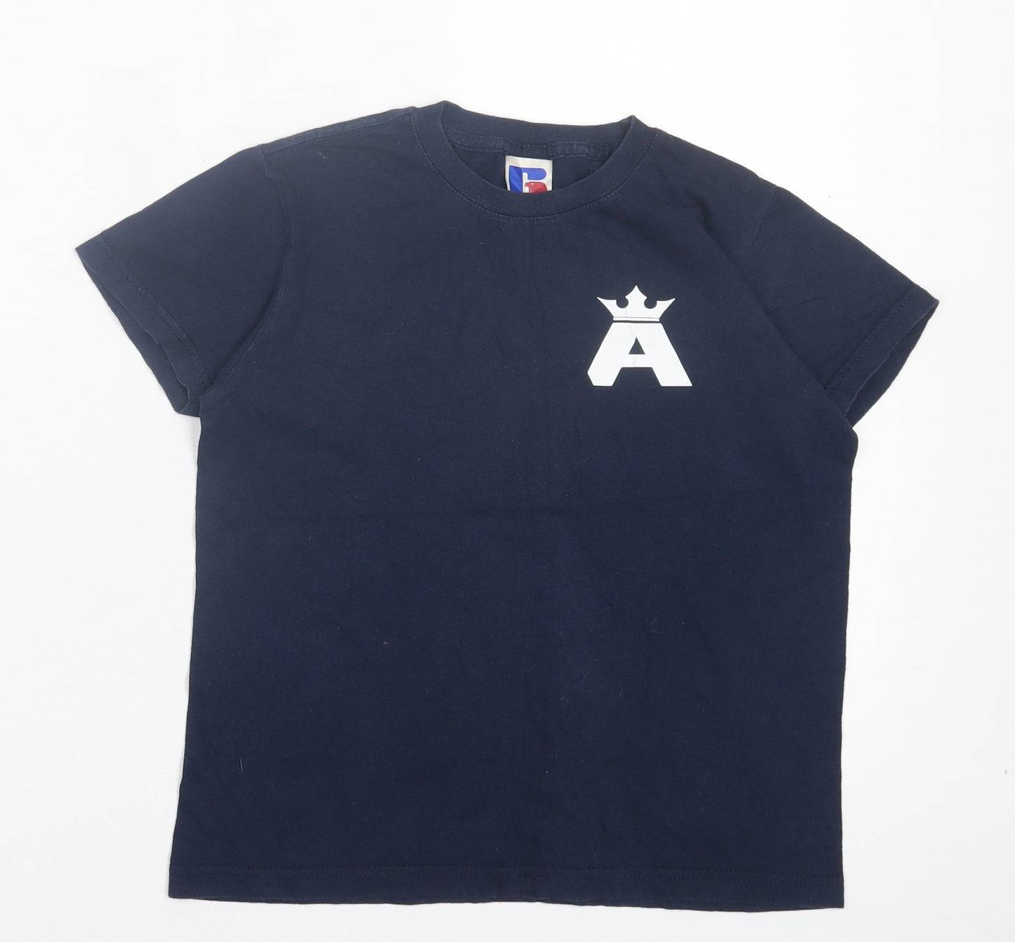 Russell Boys Blue Cotton Basic T-Shirt Size 7-8 Years Crew Neck Pullover