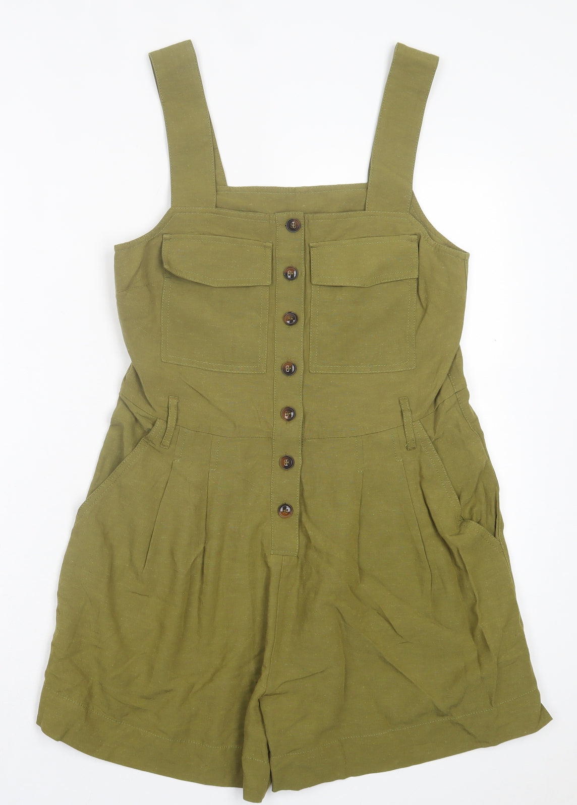 H&M Womens Green Linen Playsuit Size 8 Button