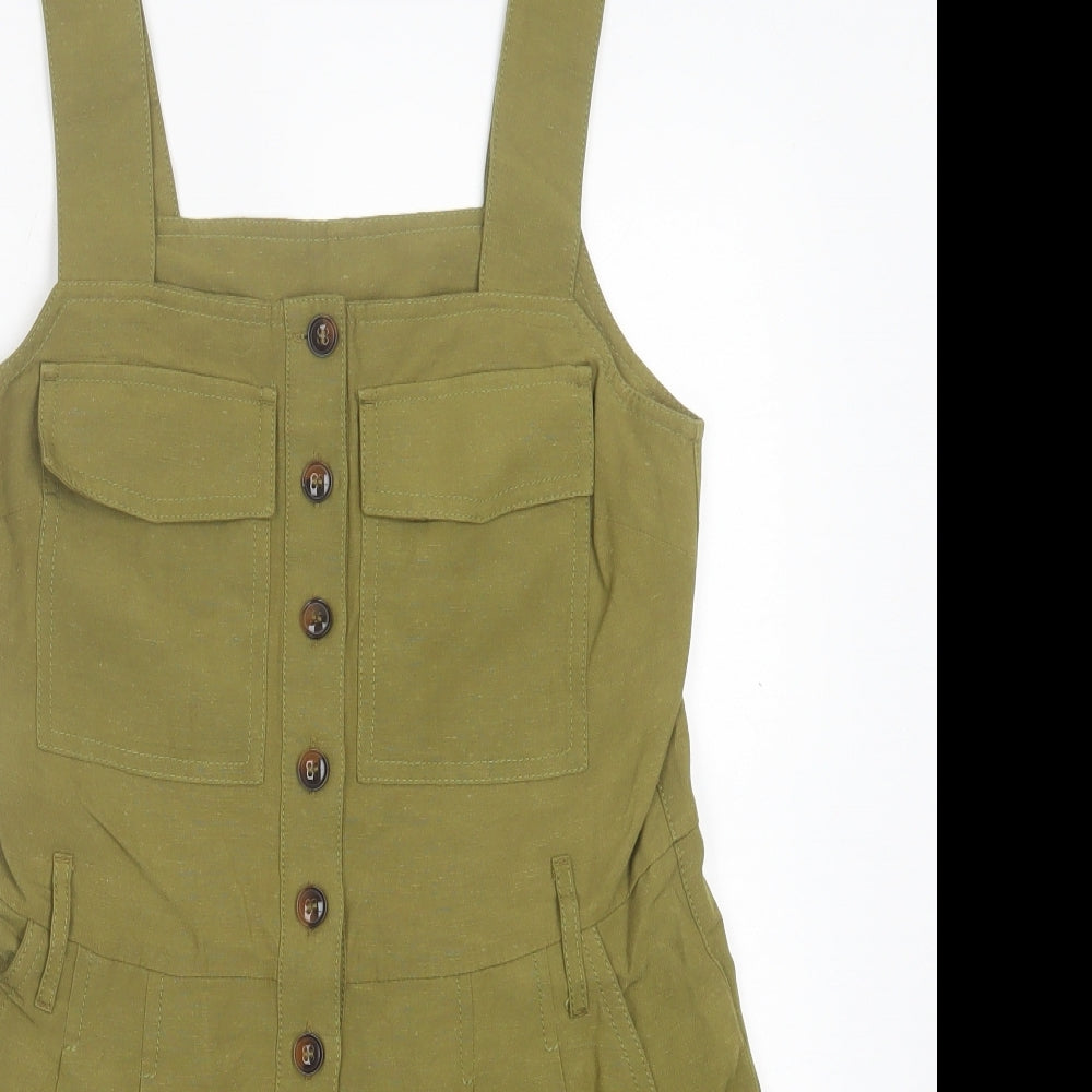 H&M Womens Green Linen Playsuit Size 8 Button