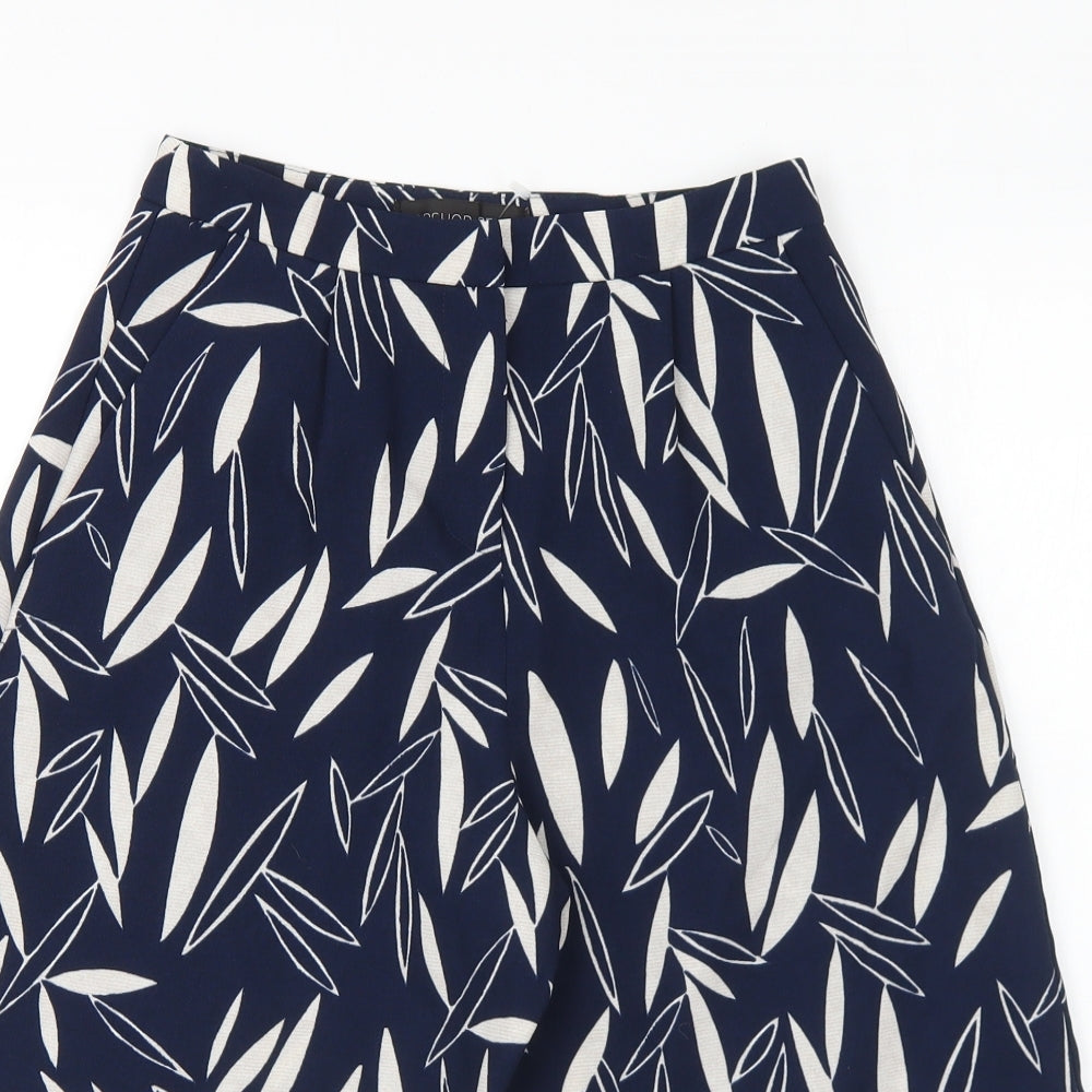 Topshop Womens Blue Geometric Polyester Cropped Trousers Size 6 Regular Button