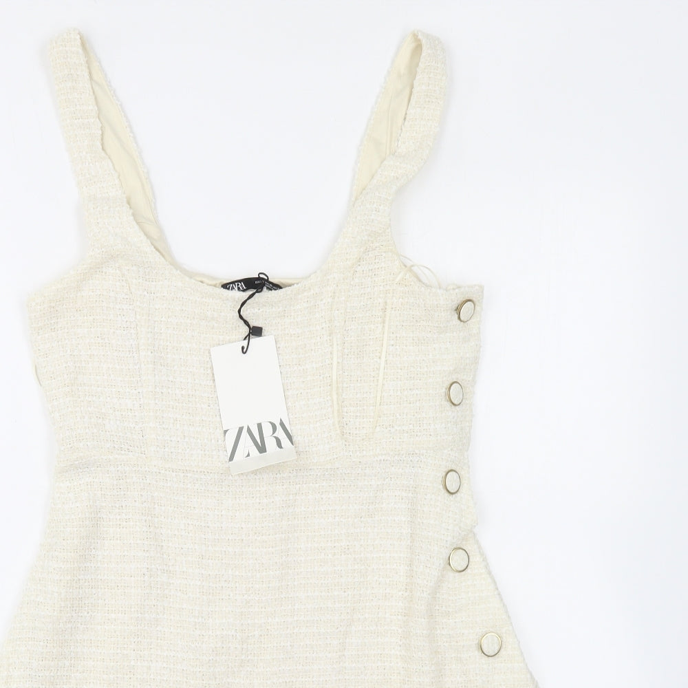 Zara Womens Beige Polyester A-Line Size XS Scoop Neck Button