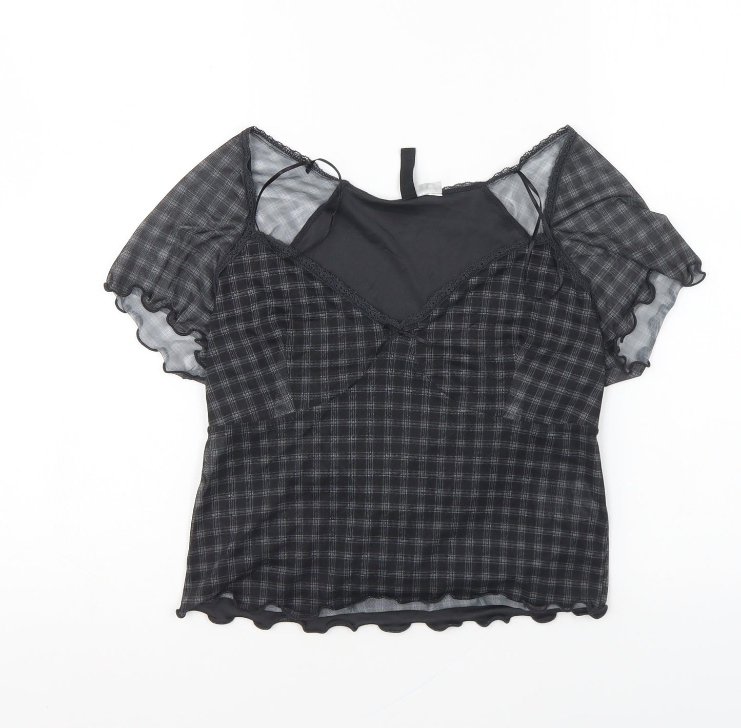 H&M Womens Grey Plaid Polyester Cropped Blouse Size M V-Neck