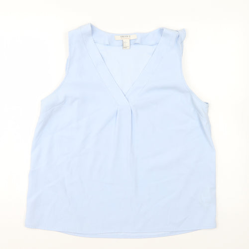 FOREVER 21 Womens Blue Polyester Basic Blouse Size L V-Neck