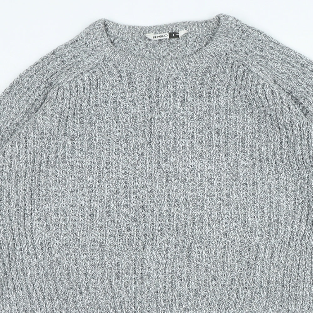 Pep&Co Mens Grey Crew Neck Acrylic Pullover Jumper Size L