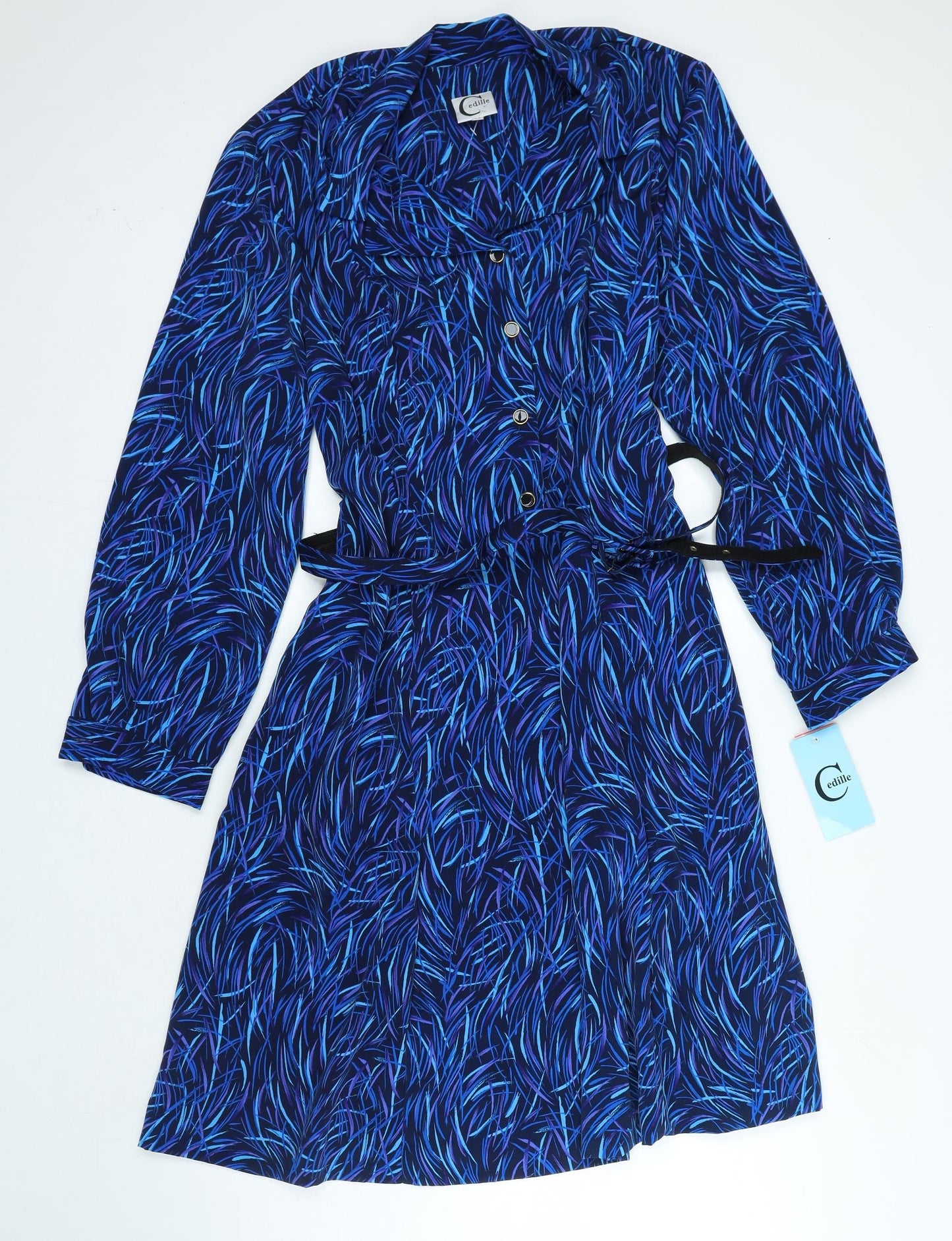 Cedille Womens Blue Camouflage Polyester A-Line Size 20 Collared Button - Belted