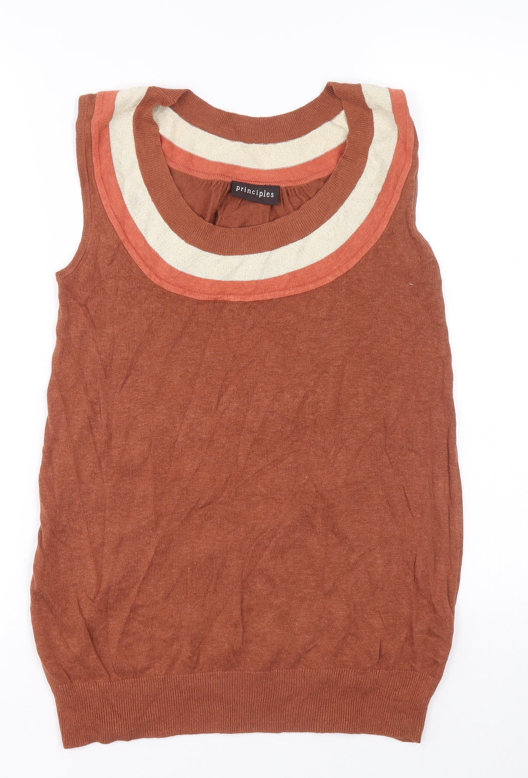 Principles Womens Brown Linen Basic Tank Size 12 Boat Neck - Striped detail on collar