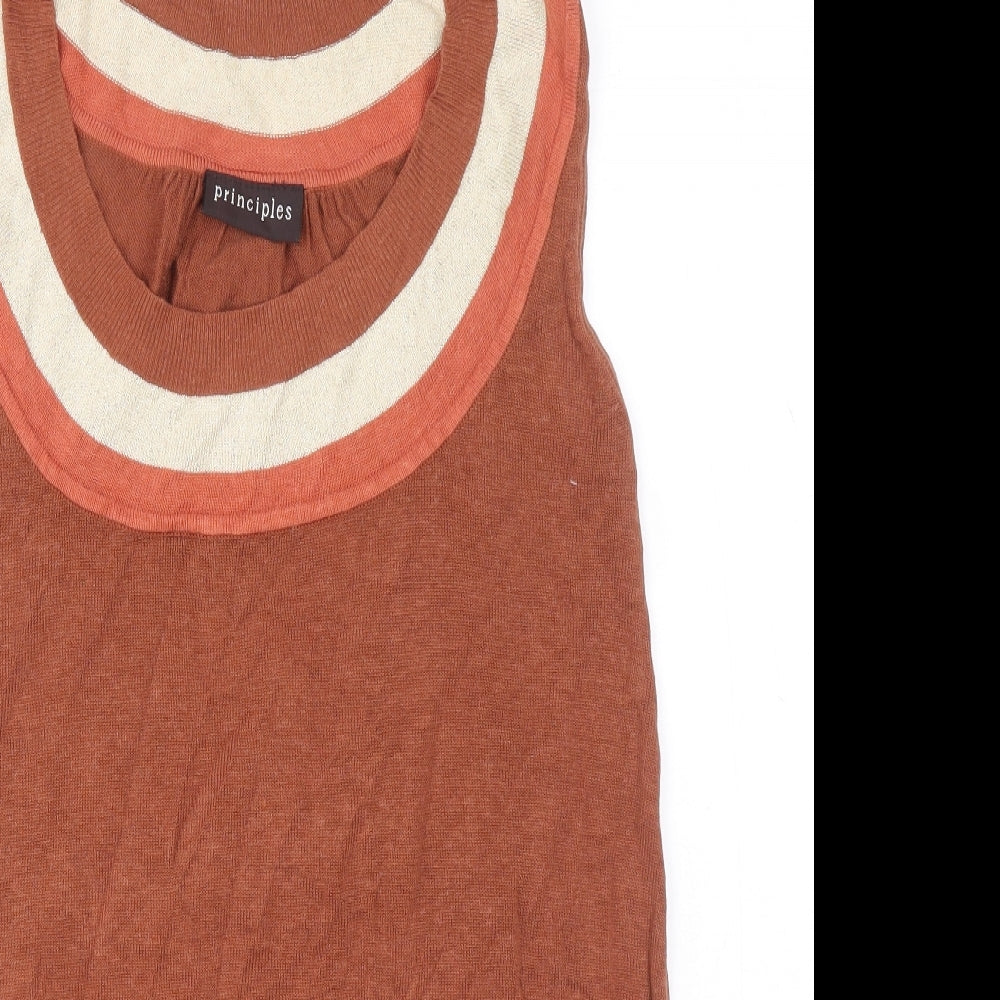 Principles Womens Brown Linen Basic Tank Size 12 Boat Neck - Striped detail on collar