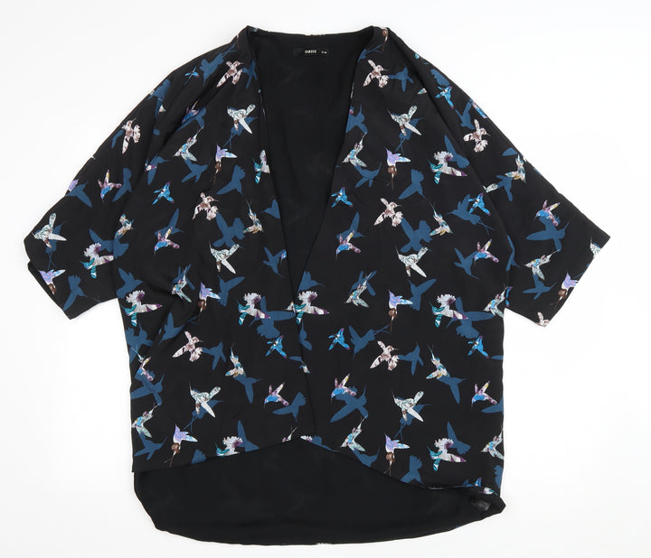 Oasis Womens Black V-Neck Geometric Polyester Cardigan Jumper Size 10 - Hummingbirds Pattern