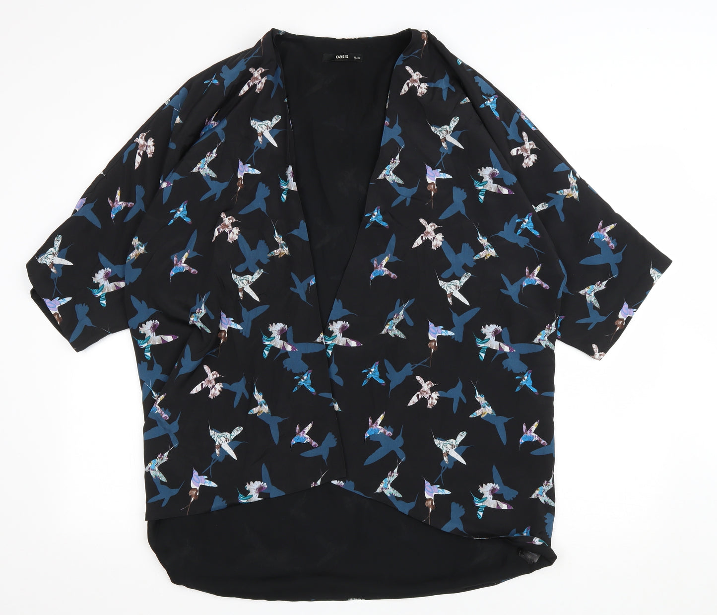 Oasis Womens Black V-Neck Geometric Polyester Cardigan Jumper Size 10 - Hummingbirds Pattern