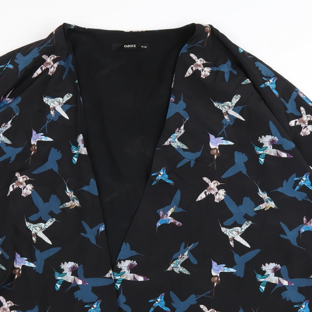 Oasis Womens Black V-Neck Geometric Polyester Cardigan Jumper Size 10 - Hummingbirds Pattern