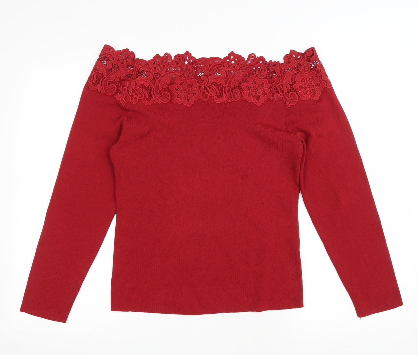 NEXT Womens Red Viscose Basic T-Shirt Size 14 Off the Shoulder - Lace detail