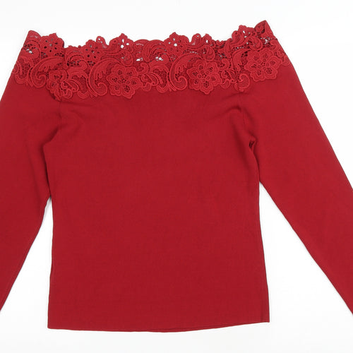 NEXT Womens Red Viscose Basic T-Shirt Size 14 Off the Shoulder - Lace detail