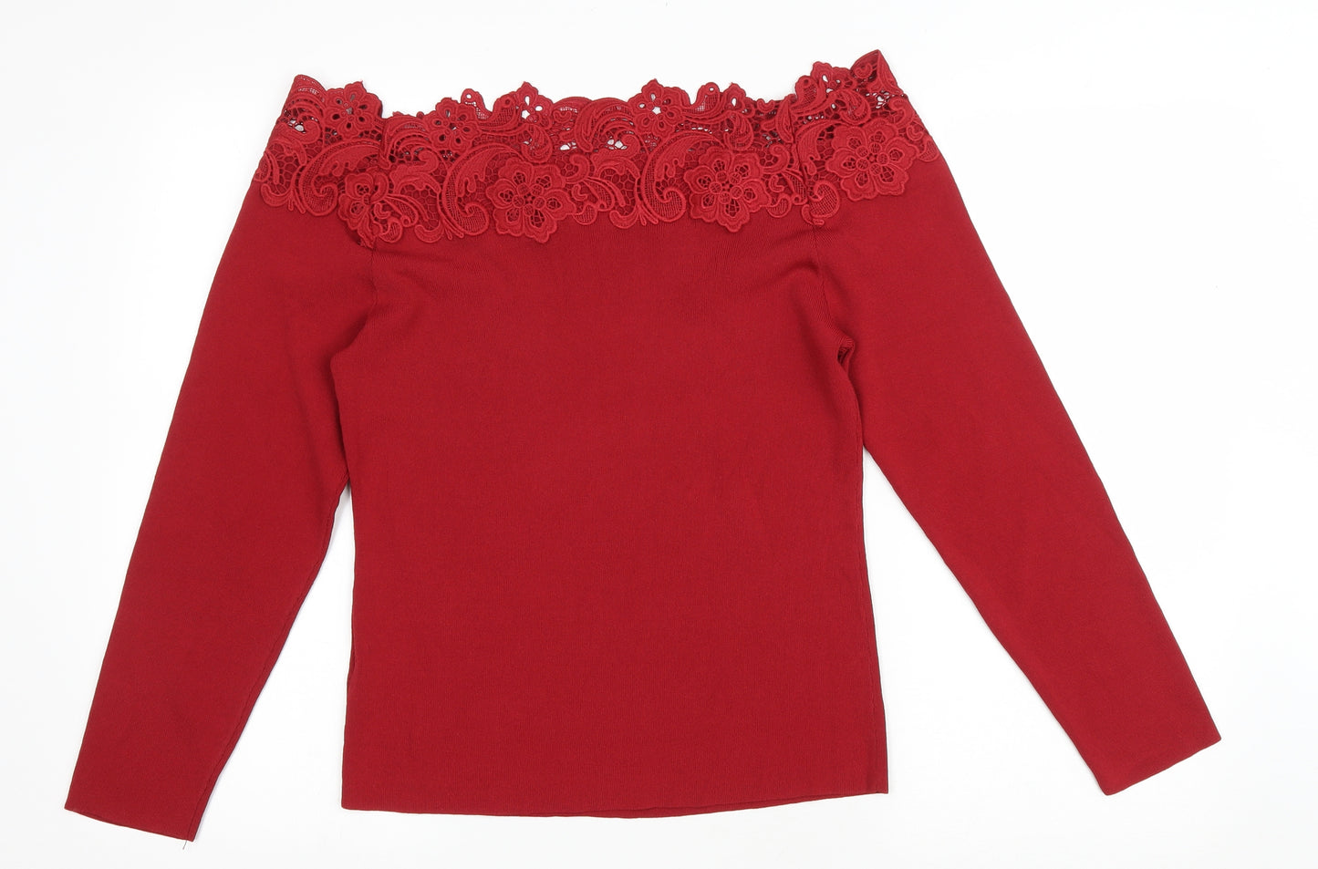 NEXT Womens Red Viscose Basic T-Shirt Size 14 Off the Shoulder - Lace detail