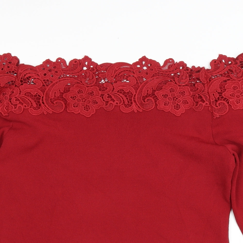 NEXT Womens Red Viscose Basic T-Shirt Size 14 Off the Shoulder - Lace detail