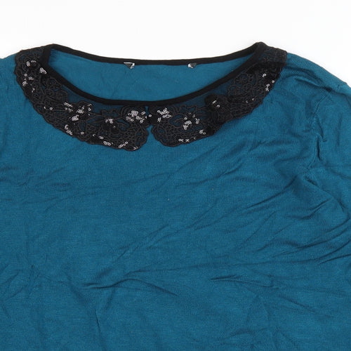 Preworn Womens Blue Round Neck Viscose Pullover Jumper Size 16 - Lace Collar