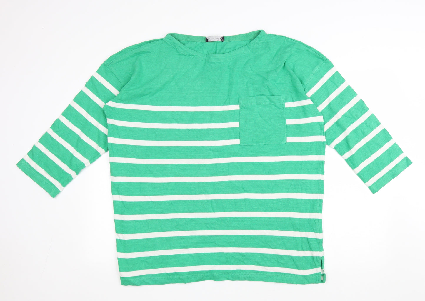 Marks and Spencer Womens Green Striped Cotton Basic T-Shirt Size 16 Round Neck
