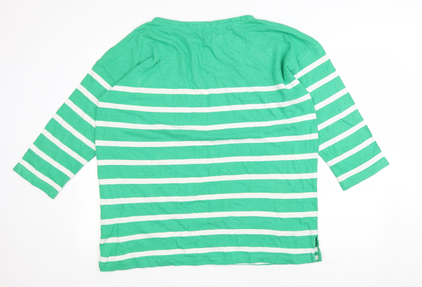Marks and Spencer Womens Green Striped Cotton Basic T-Shirt Size 16 Round Neck