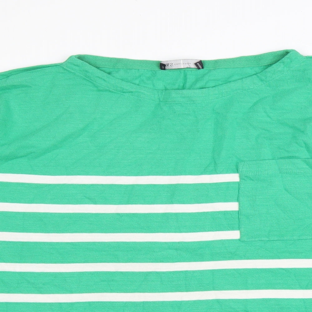 Marks and Spencer Womens Green Striped Cotton Basic T-Shirt Size 16 Round Neck