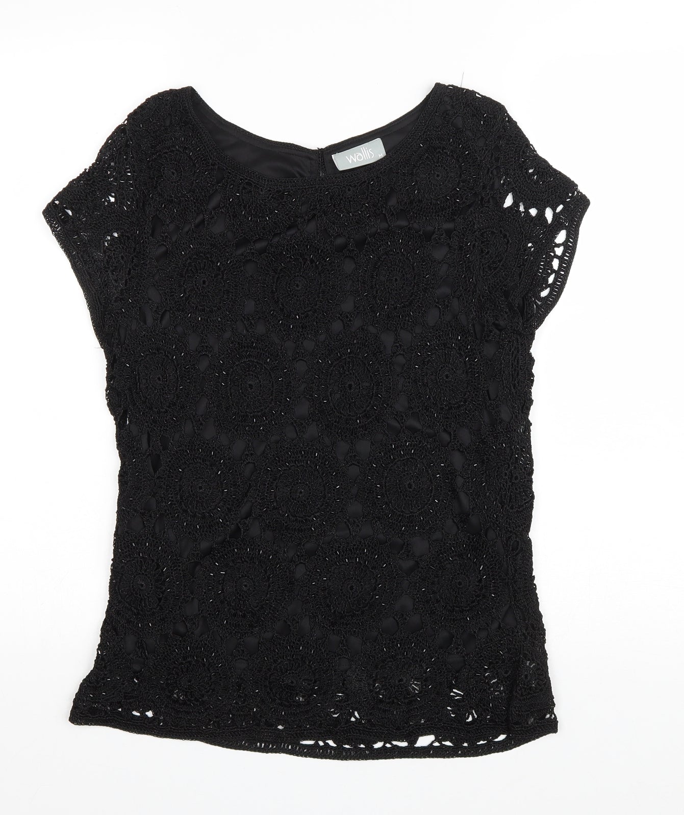 Wallis Womens Black Floral Viscose Basic T-Shirt Size M Scoop Neck
