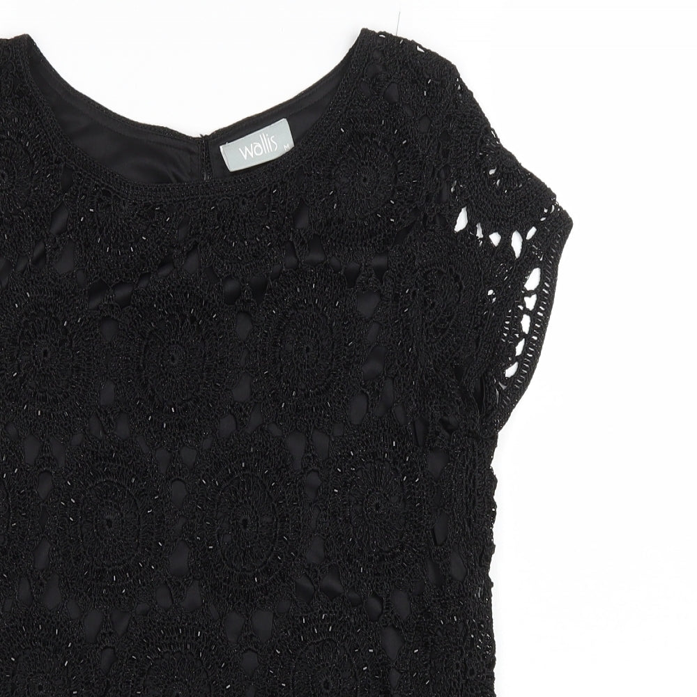 Wallis Womens Black Floral Viscose Basic T-Shirt Size M Scoop Neck