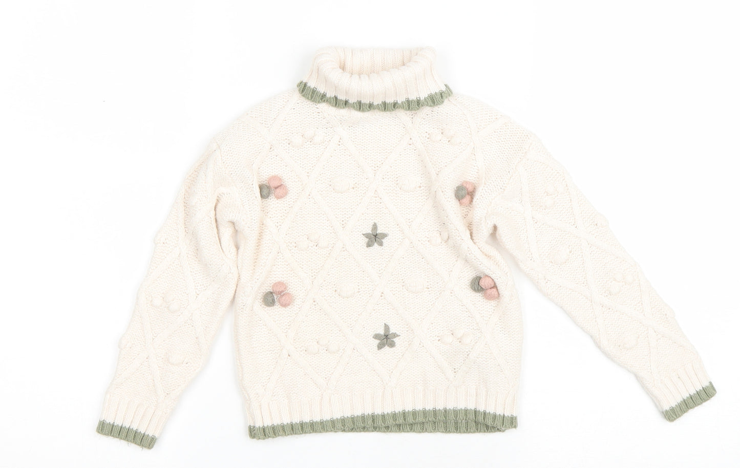Primark Girls Ivory Roll Neck Argyle/Diamond Acrylic Pullover Jumper Size 4-5 Years Pullover - Flowers