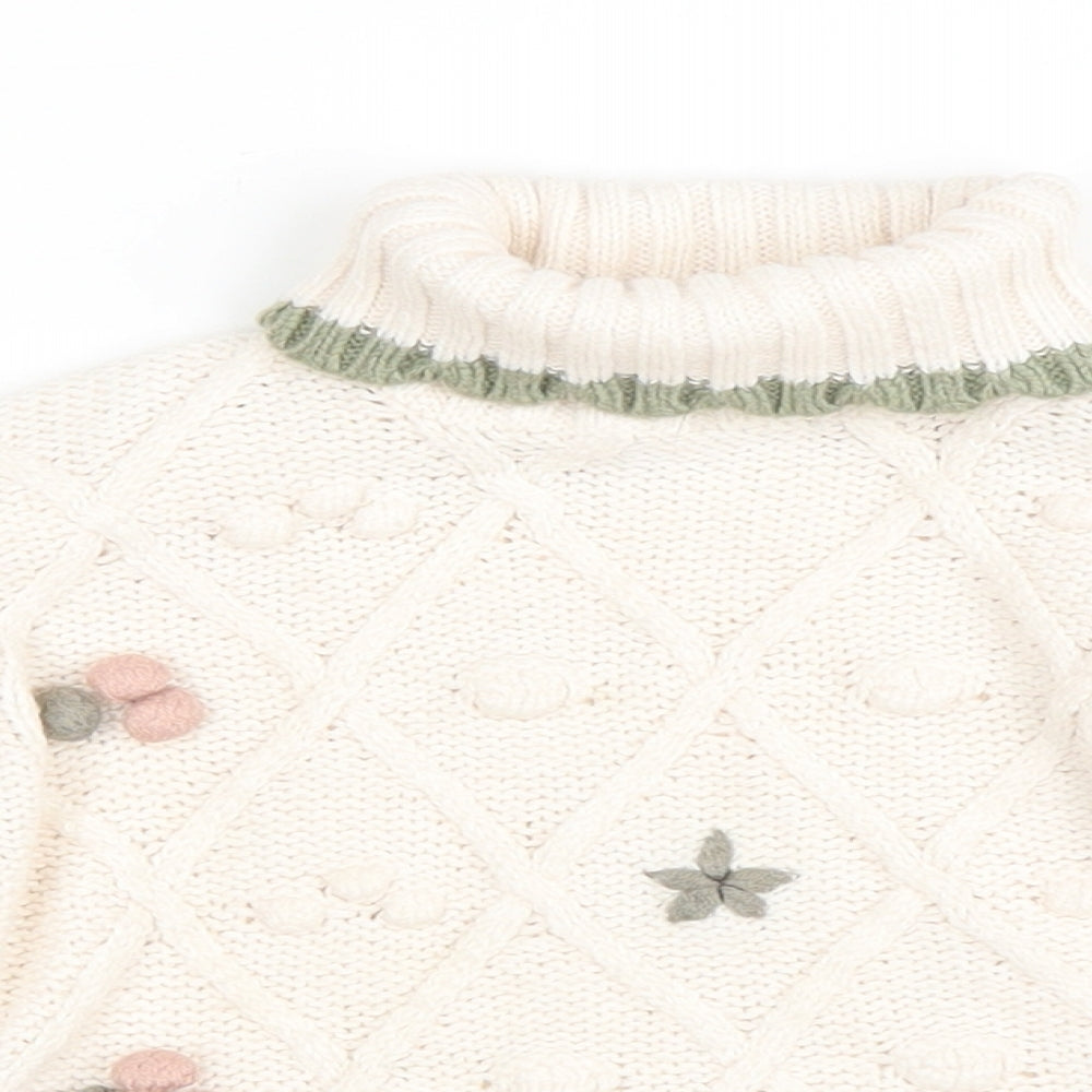 Primark Girls Ivory Roll Neck Argyle/Diamond Acrylic Pullover Jumper Size 4-5 Years Pullover - Flowers