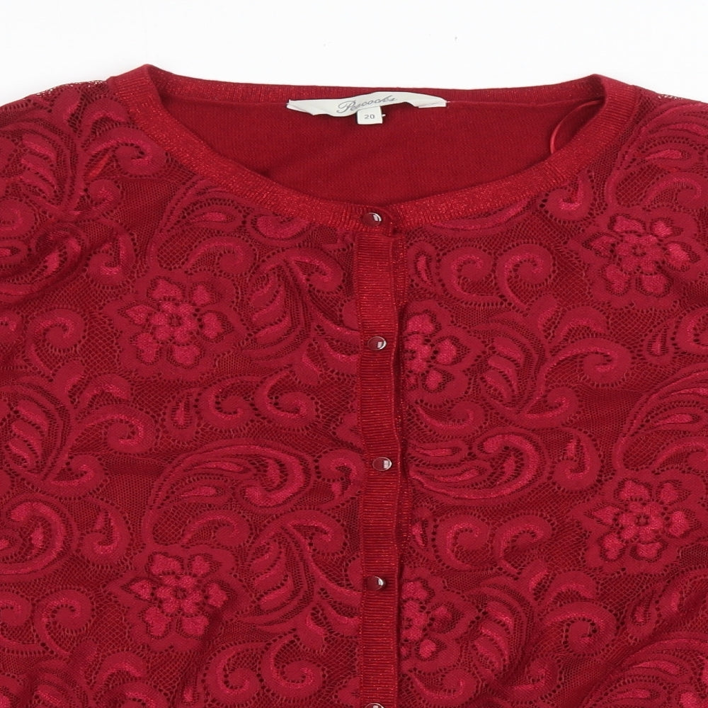 Peacocks Womens Red Scoop Neck Floral Polyamide Cardigan Jumper Size 20