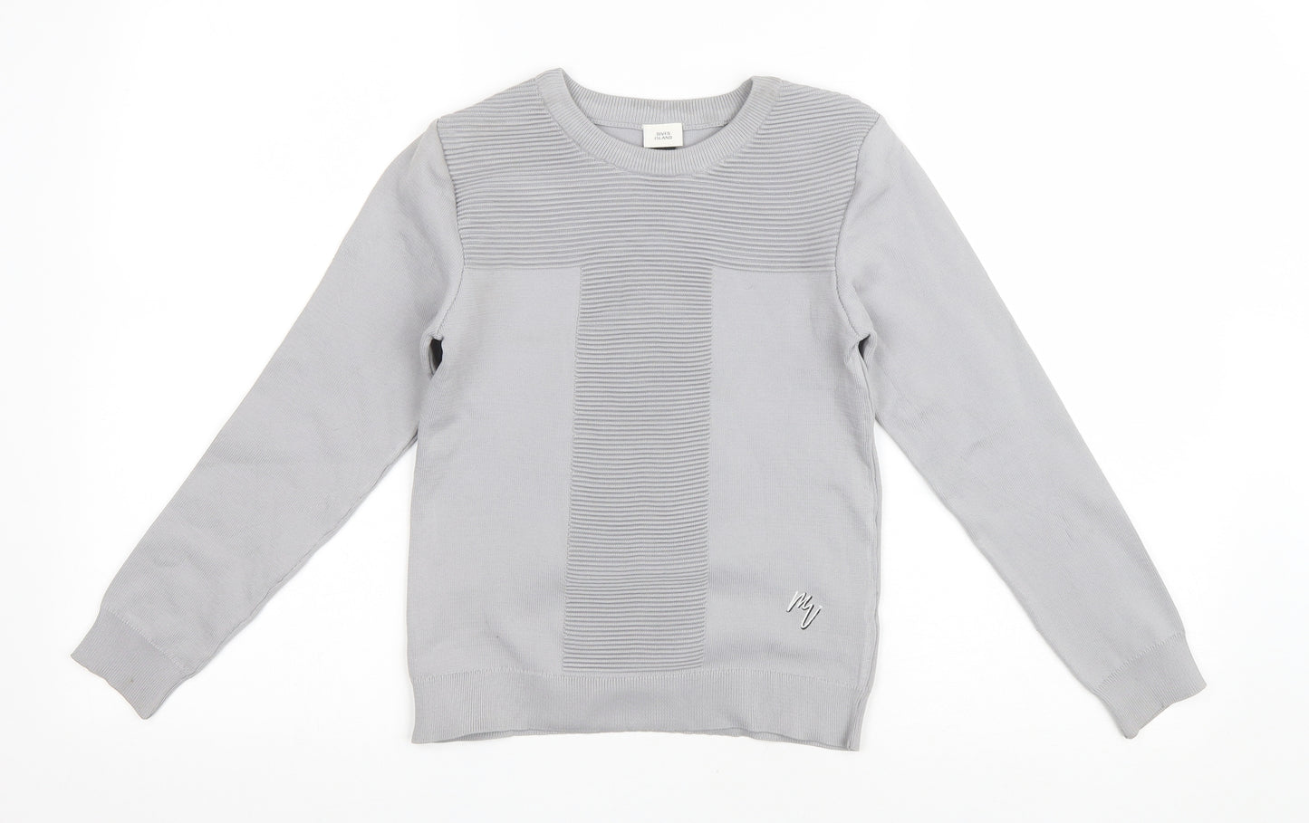 River Island Boys Grey Round Neck Striped Polyester Pullover Jumper Size 7-8 Years Pullover
