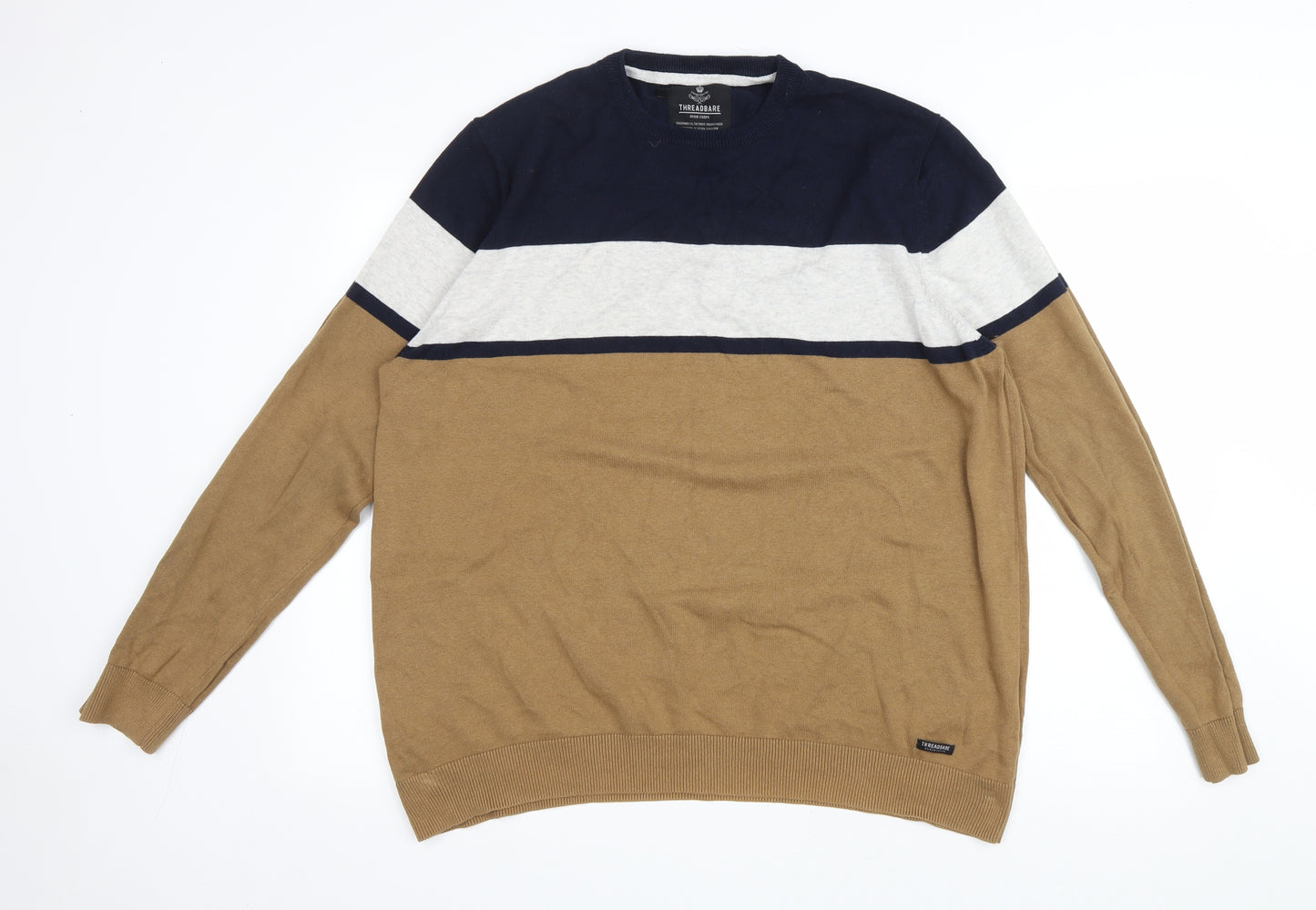 Threadbare Mens Multicoloured V-Neck Striped Cotton Pullover Jumper Size 2XL