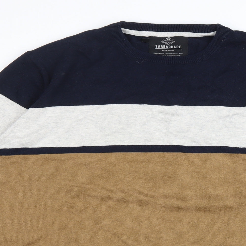 Threadbare Mens Multicoloured V-Neck Striped Cotton Pullover Jumper Size 2XL