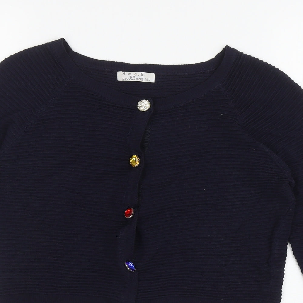 Decollage Womens Blue Roll Neck Polyester Cardigan Jumper Size M - Jewel buttons