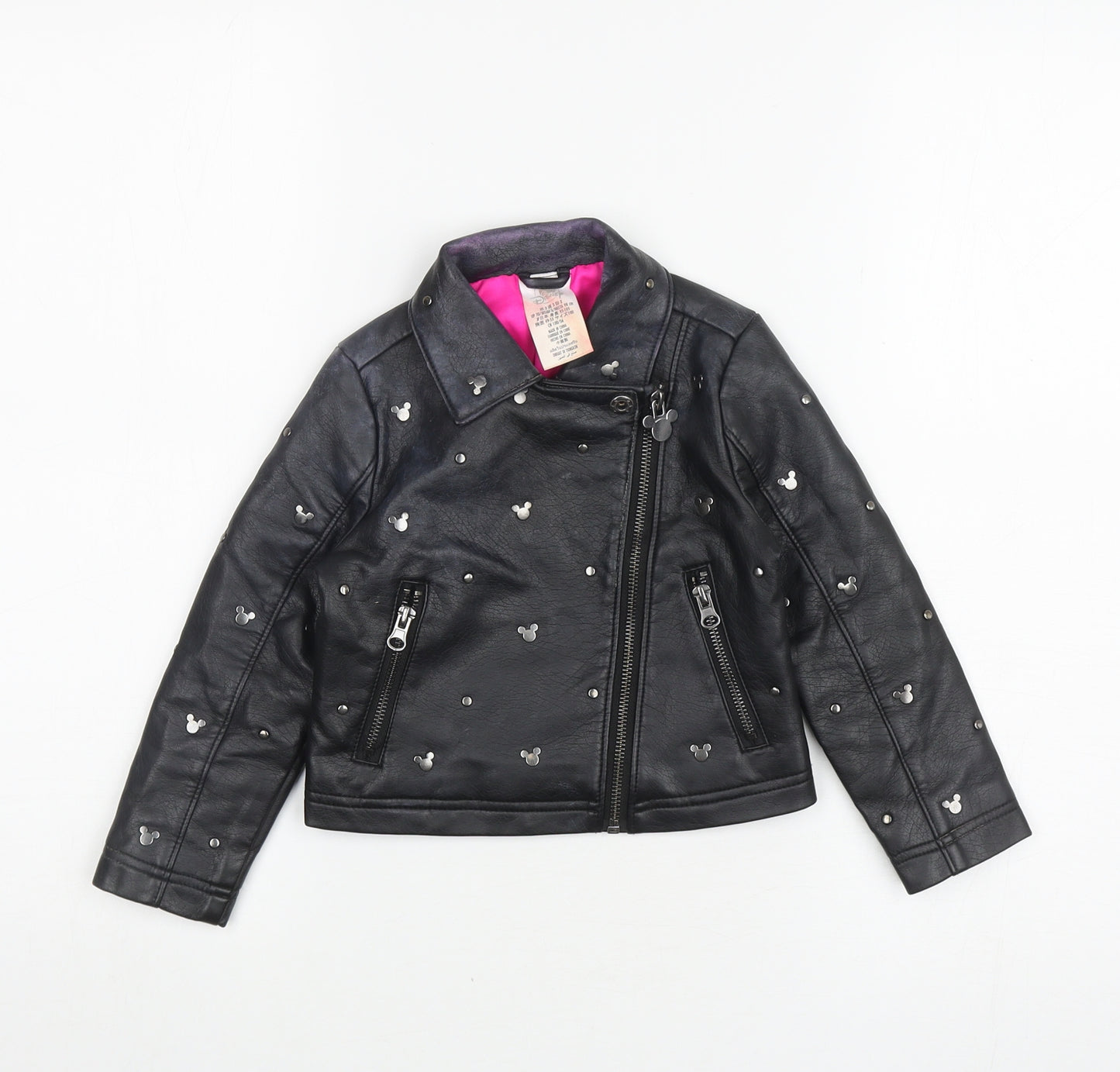 Disney Girls Black Geometric Biker Coat Size 3 Years Zip - Mickey Mouse studs