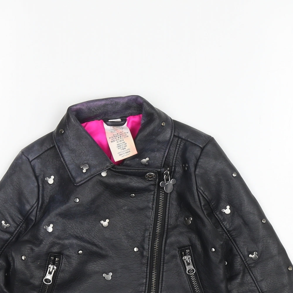 Disney Girls Black Geometric Biker Coat Size 3 Years Zip - Mickey Mouse studs