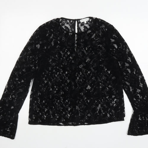 Warehouse Womens Black Floral Polyamide Jersey Blouse Size 14 Round Neck