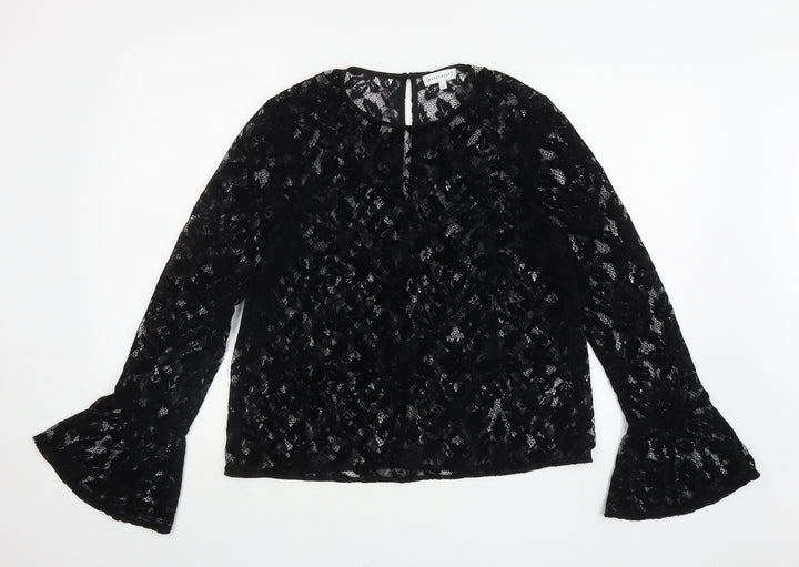 Warehouse Womens Black Floral Polyamide Jersey Blouse Size 14 Round Neck