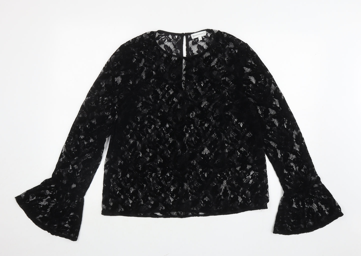 Warehouse Womens Black Floral Polyamide Jersey Blouse Size 14 Round Neck