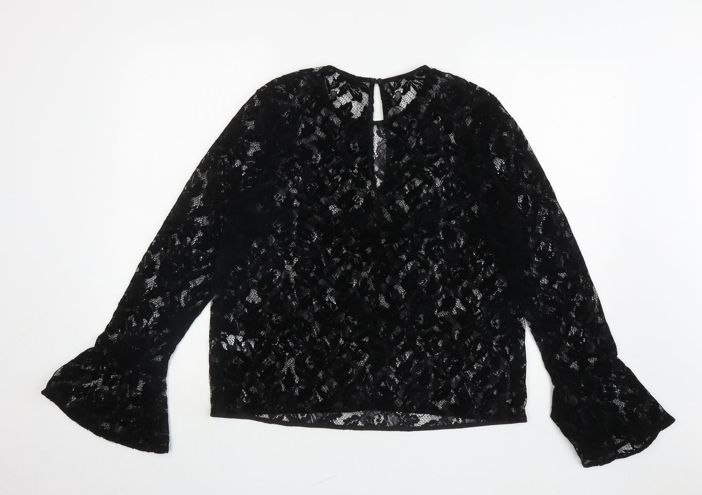 Warehouse Womens Black Floral Polyamide Jersey Blouse Size 14 Round Neck