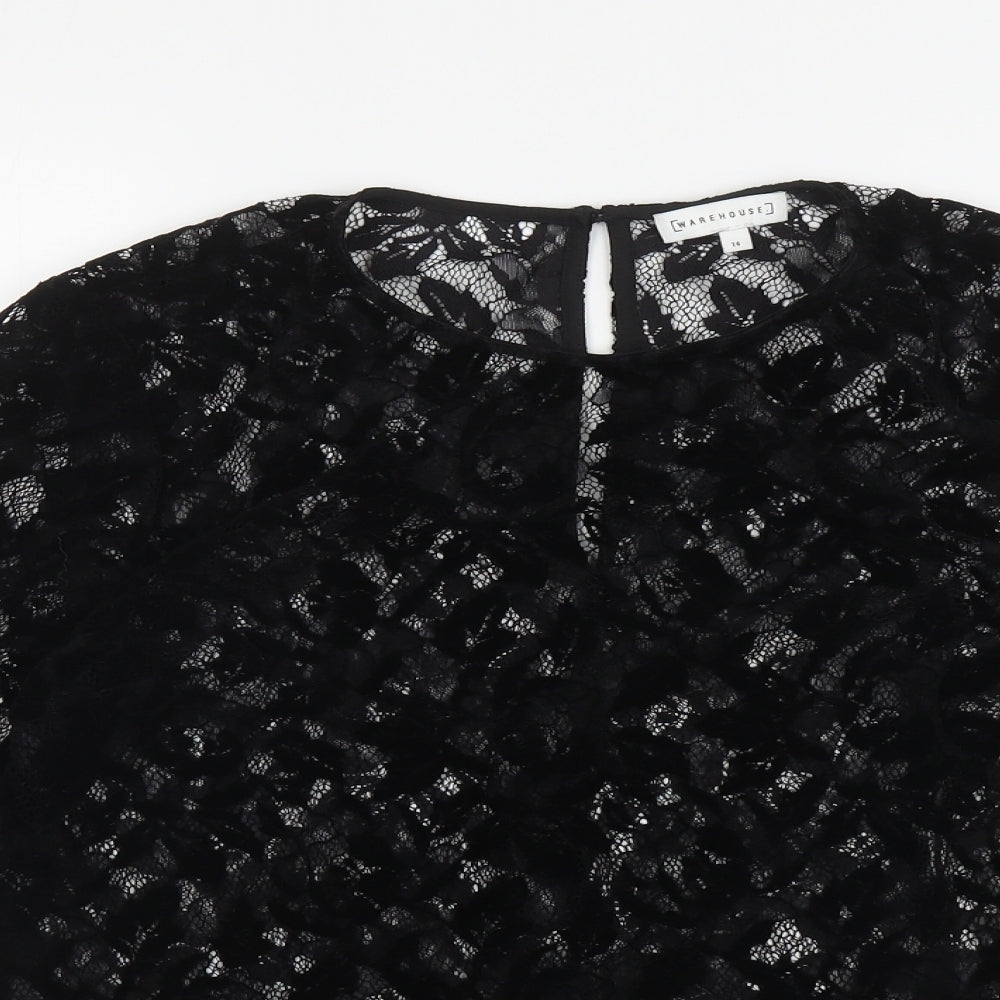 Warehouse Womens Black Floral Polyamide Jersey Blouse Size 14 Round Neck