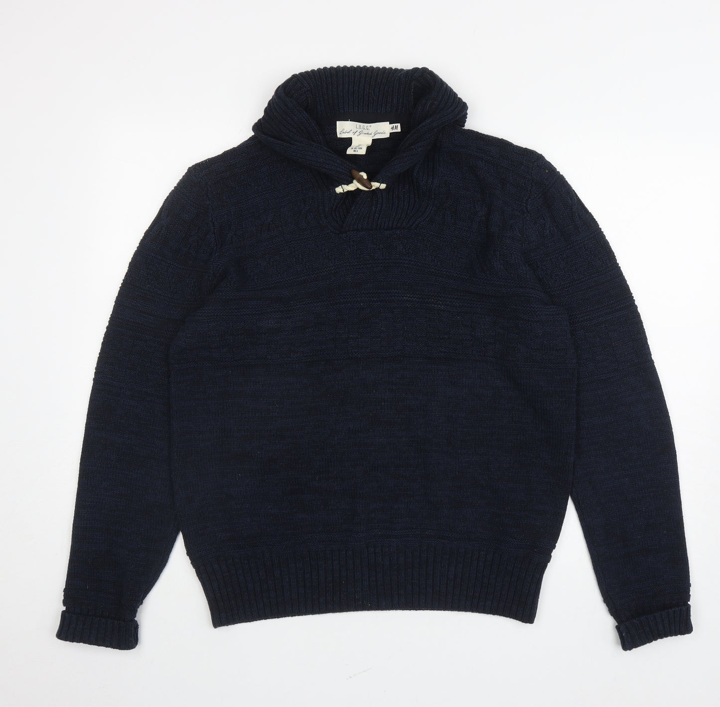 H&M Mens Blue Roll Neck Cotton Henley Jumper Size L