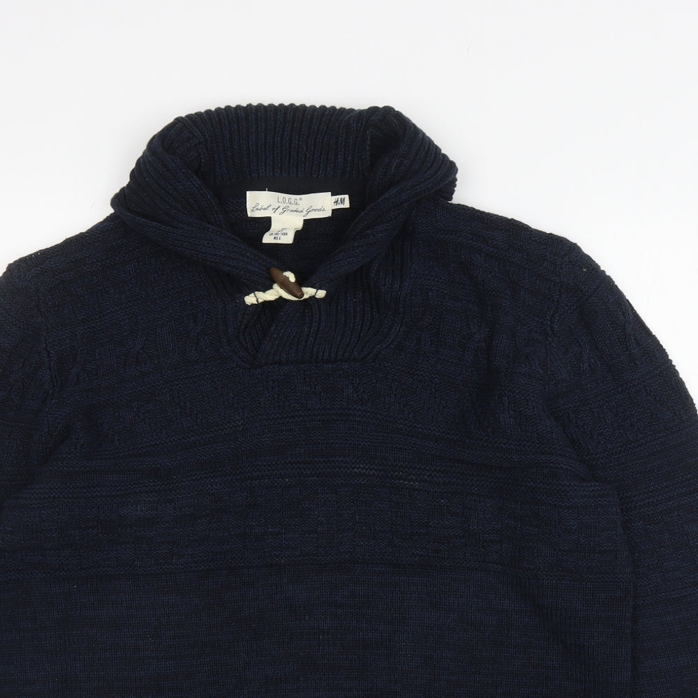 H&M Mens Blue Roll Neck Cotton Henley Jumper Size L