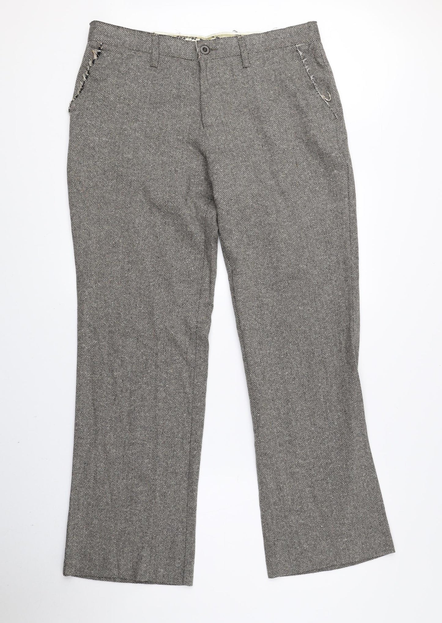 River Island Mens Brown Herringbone Wool Dress Pants Trousers Size 32 L30 in Regular Zip