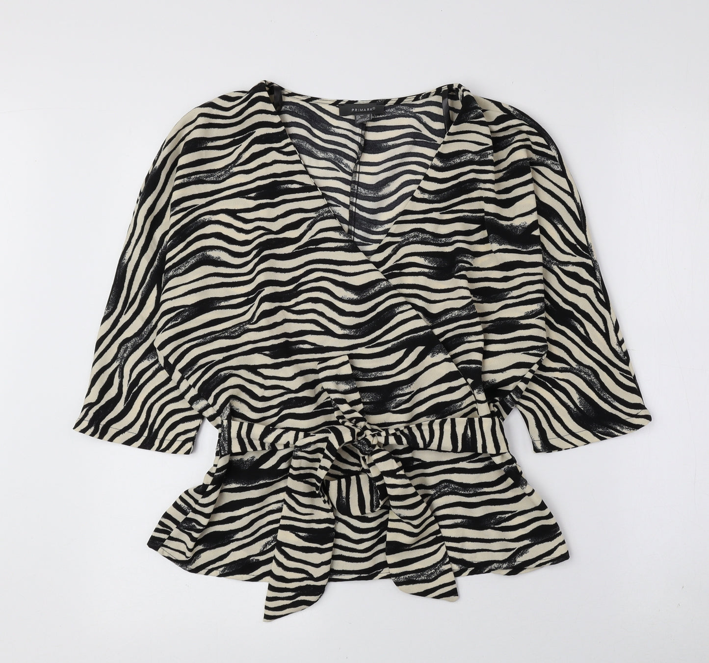 Primark Womens Black Animal Print Polyester Basic T-Shirt Size 10 V-Neck - Tie String Zebra Print