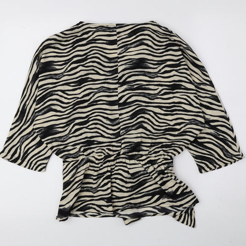 Primark Womens Black Animal Print Polyester Basic T-Shirt Size 10 V-Neck - Tie String Zebra Print