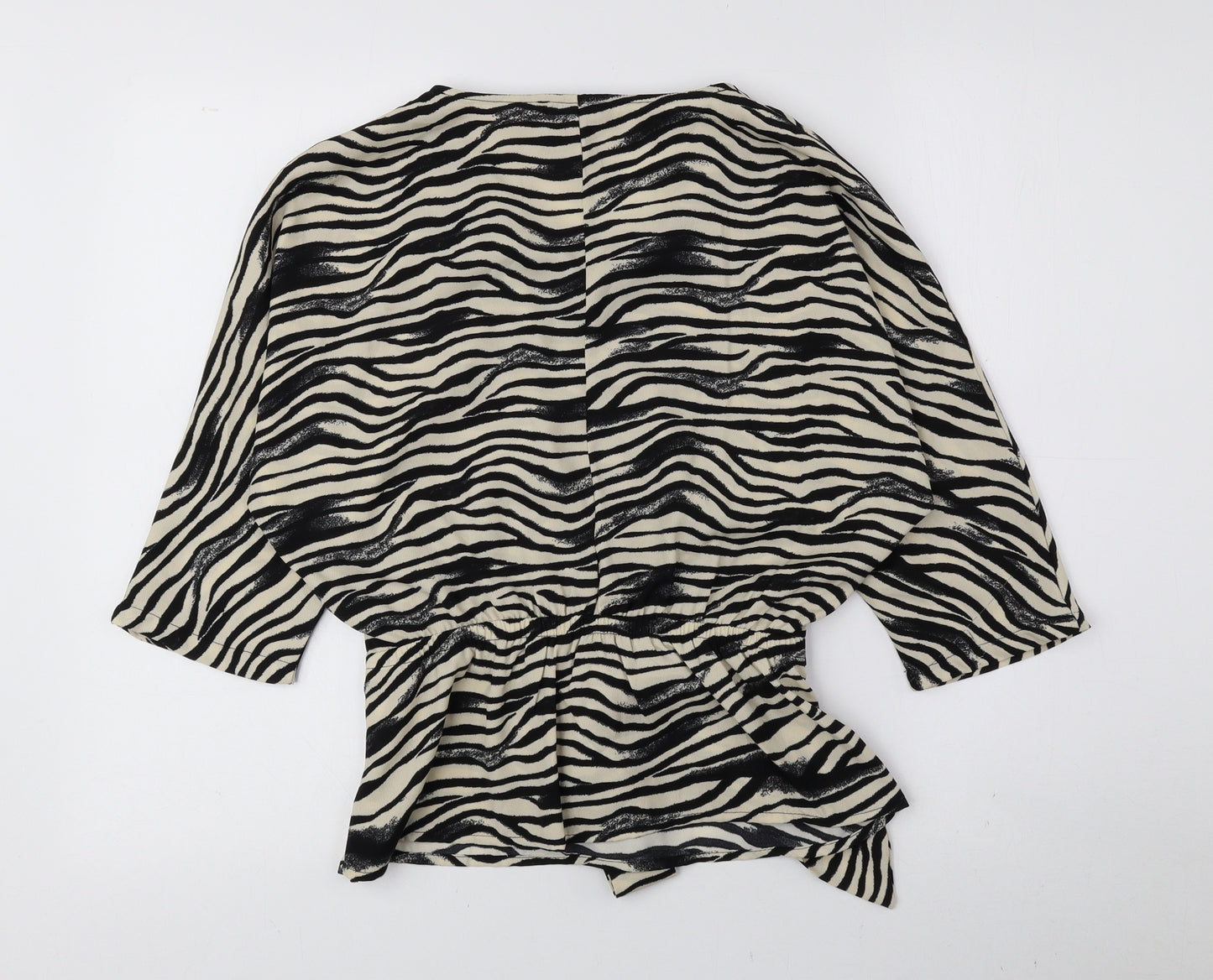 Primark Womens Black Animal Print Polyester Basic T-Shirt Size 10 V-Neck - Tie String Zebra Print