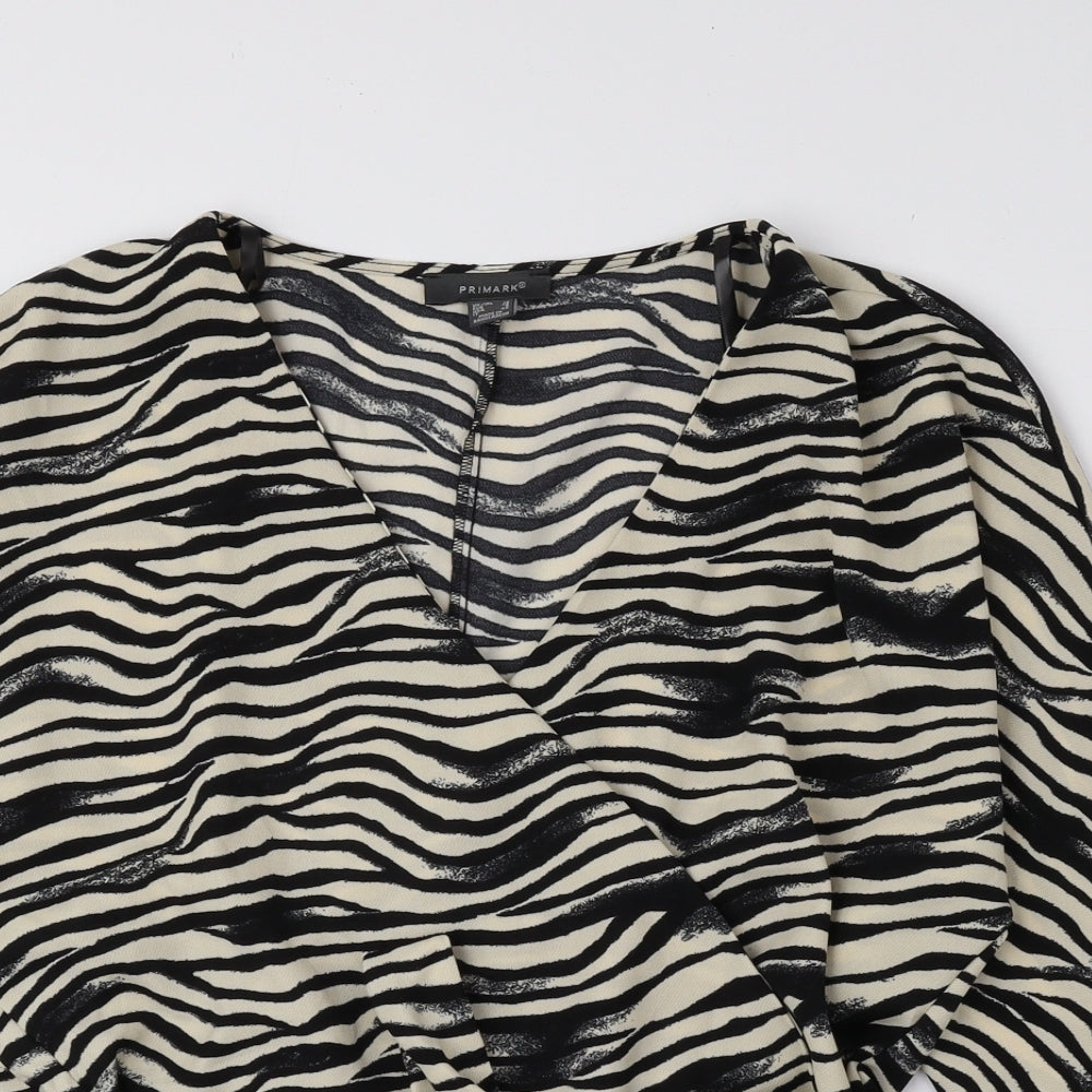 Primark Womens Black Animal Print Polyester Basic T-Shirt Size 10 V-Neck - Tie String Zebra Print