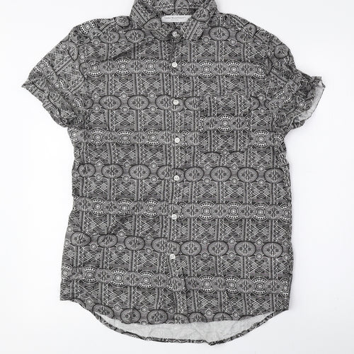 Cedar Wood State Mens Black Geometric Viscose Button-Up Size M Collared Button