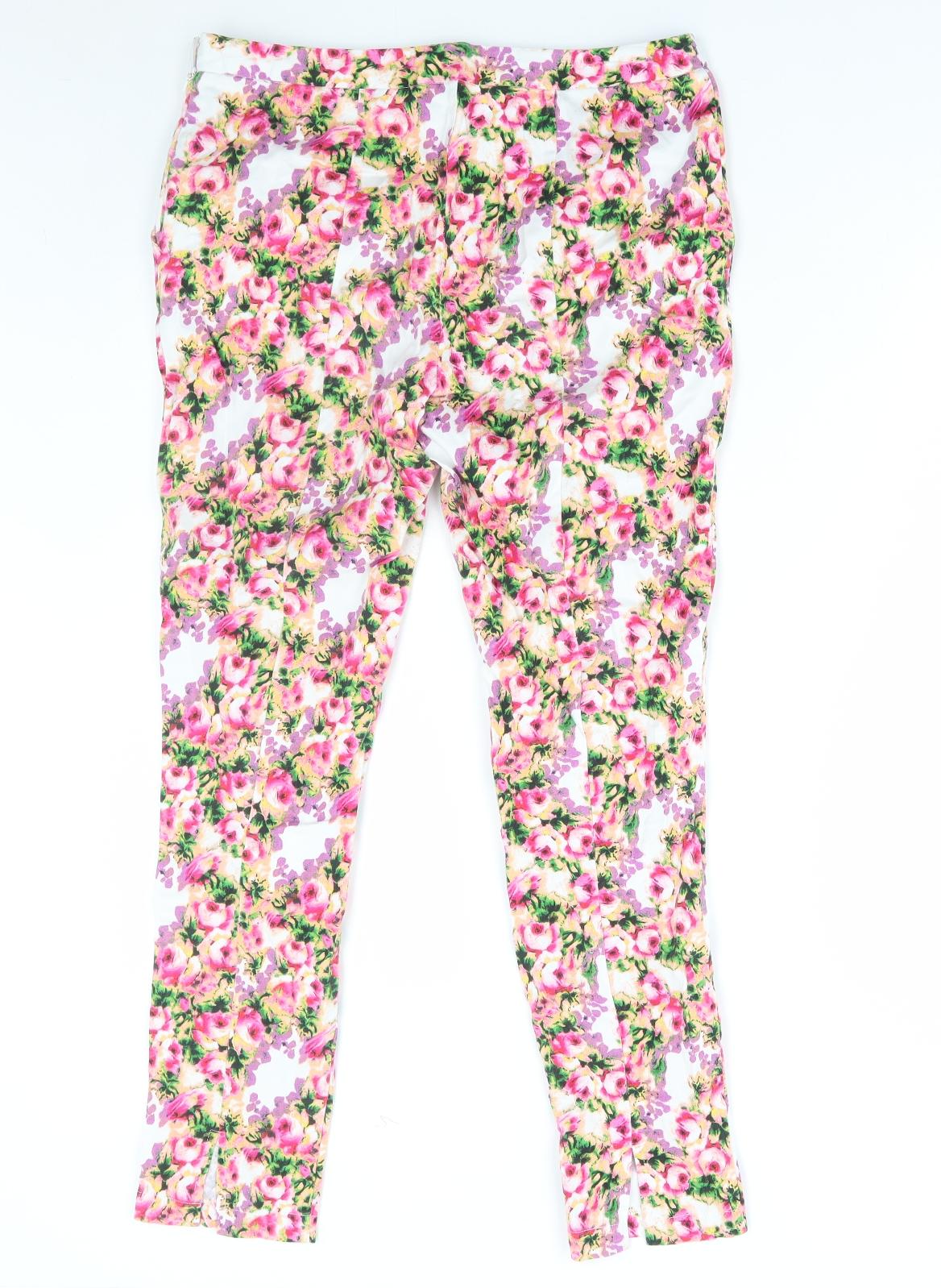 Atmosphere Womens Multicoloured Floral Cotton Trousers Size 12 L28 in Regular Zip